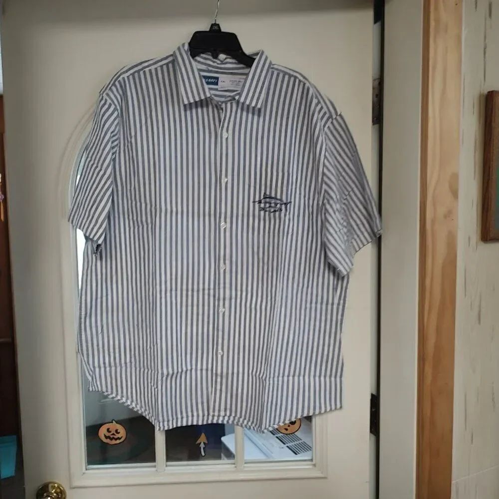 New Old Navy White Blue Striped Short Sleeve Button Down Shirt Men's XXL